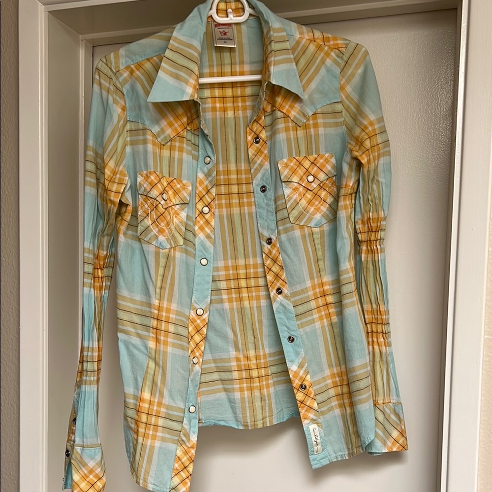 Ladies true religion yellow and baby blue flannel